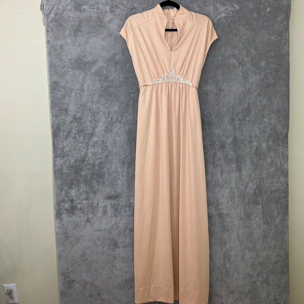 Vintage 70s Melissa Lane  Maxi Dress Tan Nylon Boho Hippie lace trim tie back